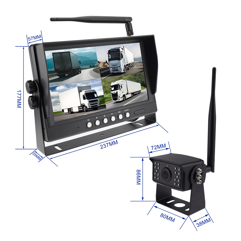9 Inch Wireless Quad Camera System for Truck & Trailer with 4 Camera Support
