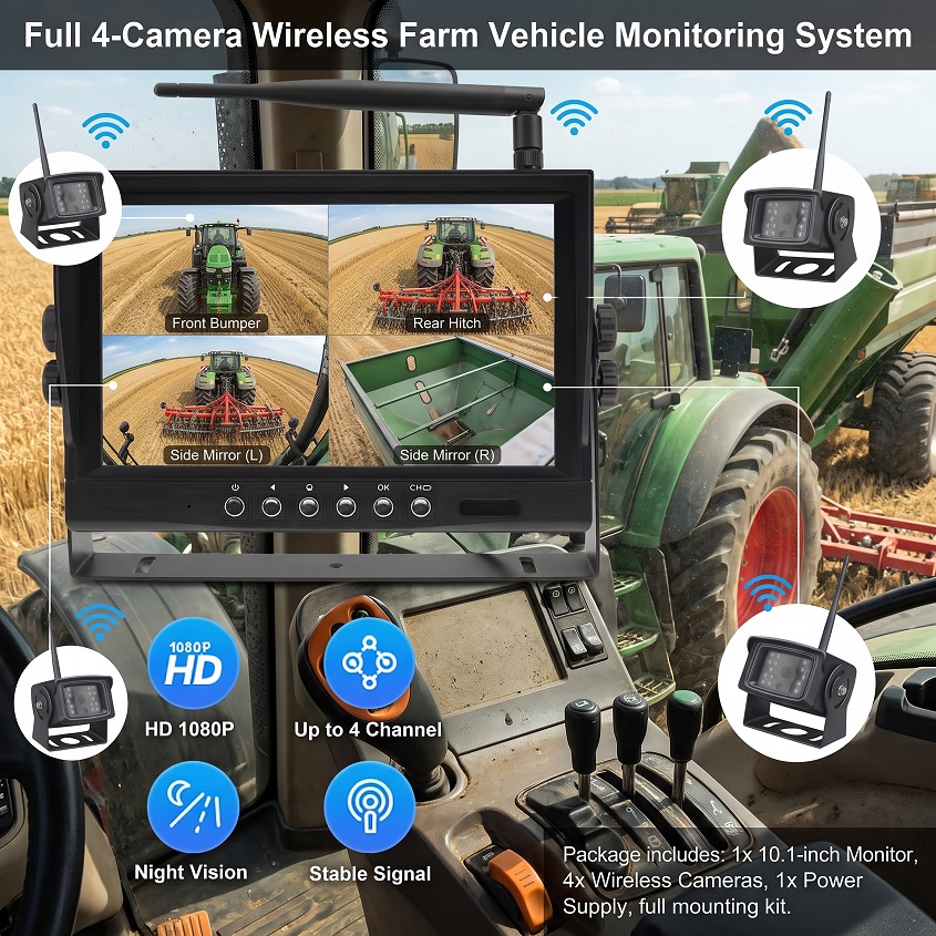 10.1 inch wireless quad camera system for agricultural machinery